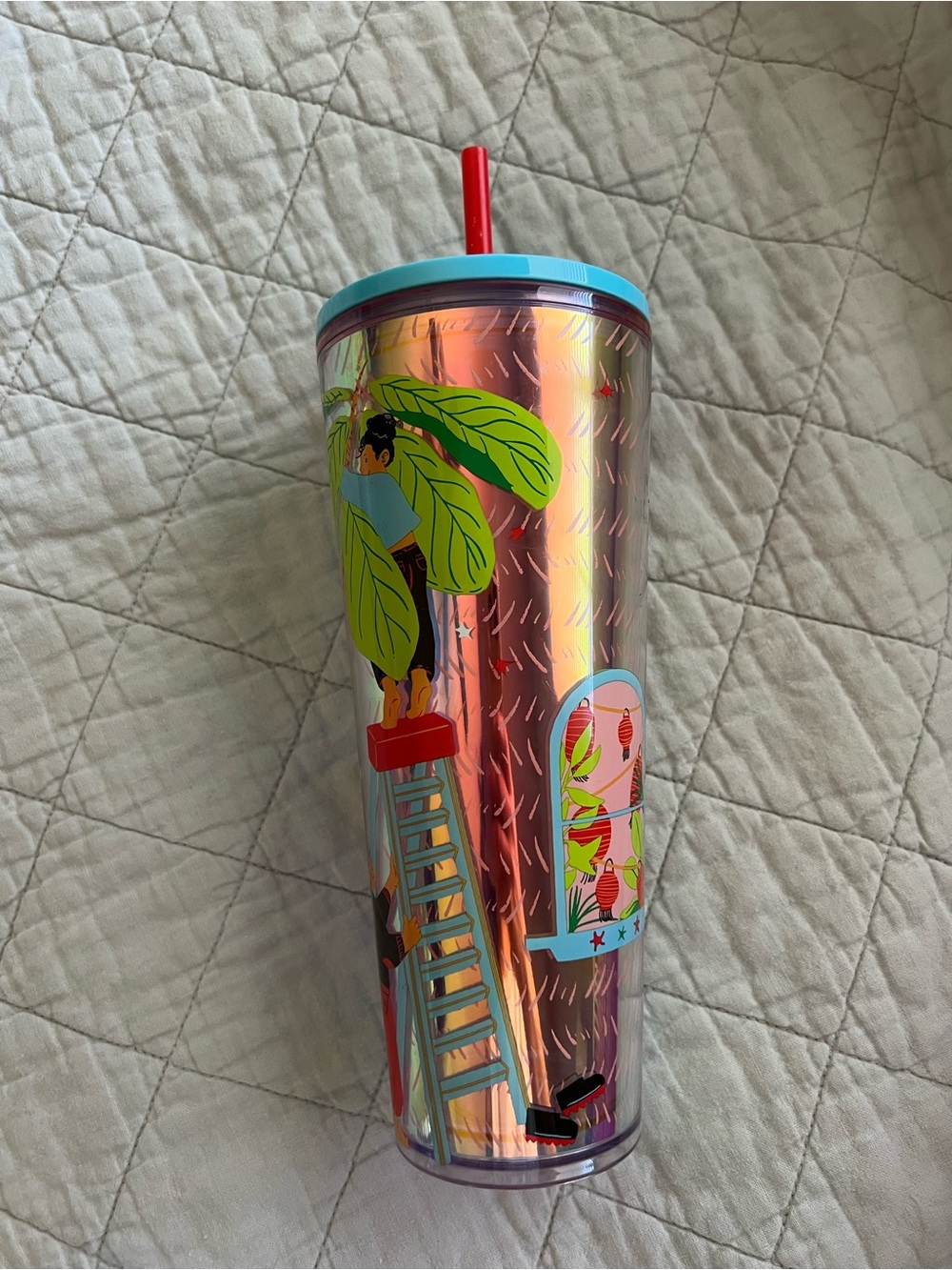 Starbucks Mon Yee Chau Tumbler with Light Blue Lid and Red Straw - Picture 2 of 3